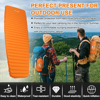 Sleeping Pad for Camping - Ultralight Inflatable Sleeping Mat for Camping Backpacking Hiking Tent Traveling - Portable Compact Lightweight Waterproof Air Mattress with Inflating Bag - Orange