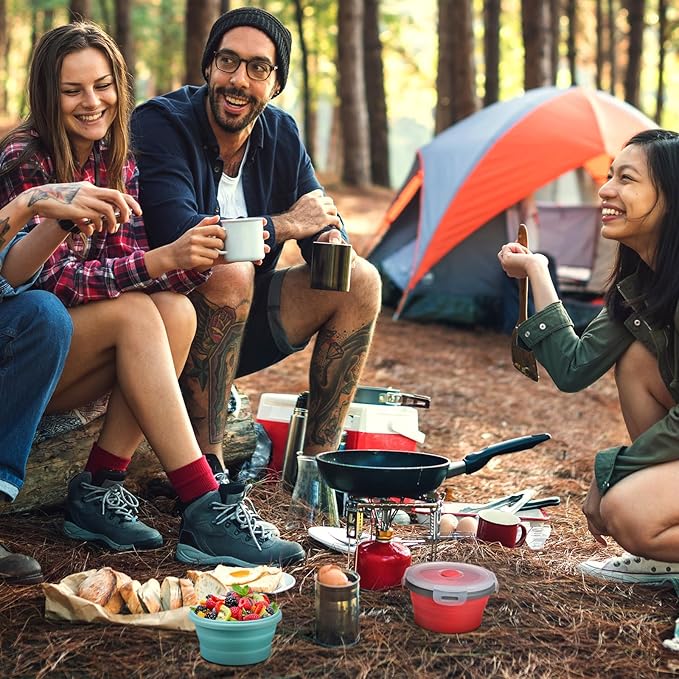 4 Pcs Camping Bowl with Lid Collapsible Silicone Bowl Lunch Box Salad Bowl Expandable Food Storage Container Set Folding Travel Bowl for Hiking Heat (Red, Pink, Blue, Green,17 oz)