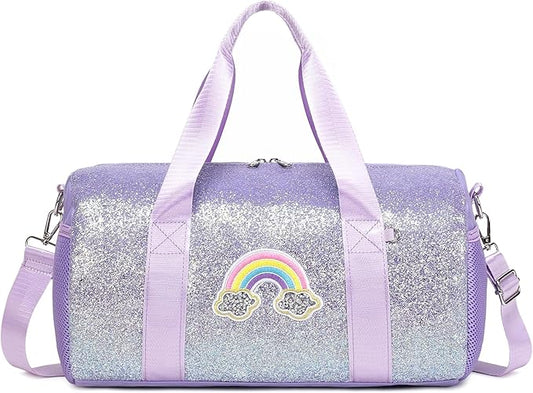Ballet Dance Bag for Girls Shiny Rainbow Glitter Sports Duffle Bags for Girls Ballerina Duffle with Waterproof Dry Wet Separated Compartment
