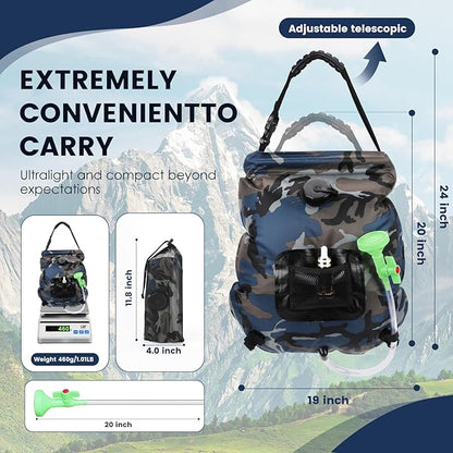 Solar Shower Bag, Portable Solar Shower for Camping, 5 Gallons/20L Camping Shower Bag with Removable Hose and On-Off Switchable Shower Head, Portable Shower for Camping, Hiking, Beach Swimming