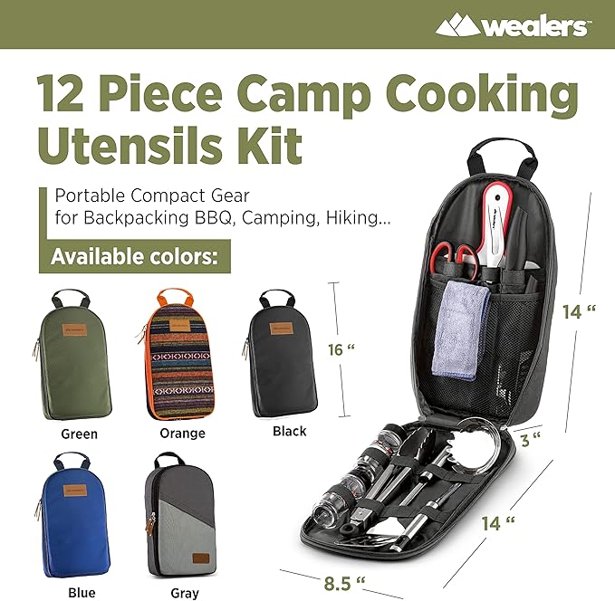 11 Piece Camp Kitchen Cooking Utensil Set Travel Organizer Grill Accessories Compact Gear for Backpacking BBQ Camping Hiking and Travel Black