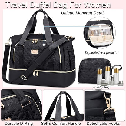 Weitars Women's Gym Duffel Bag - Travel Weekender with Shoes Compartment & Wet Pocket, Large Carry-On Overnight Bag (Black)