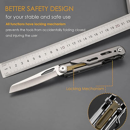 Maerd P3 9in1 Hard Stainless Steel Multitool, Foldable Self-Locking Multi-tool Pocket Knife with Belt clip, First Aid Scissors, Saw, Bottle Opener, Sickle, EDC Multitool Emergency