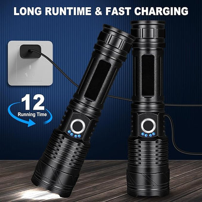 Rechargeable LED Flashlights High Lumens, 990,000 Lumen Super Bright USB Flashlight with 5 Modes, Waterproof Powerful Flash Light Multifunctional US Flashlights for Home Camping Hiking(2 Pack)