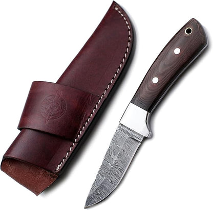 Handmade Damascus Steel Knife Bowie for Hunting,Survival Camping,Bushcraft,and Fishing,Fixed Blade Dagger with Drop point Full Tang Micarta Handle, Leather Sheath - WKD-807