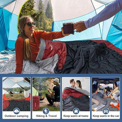 Cotton Flannel Double Sleeping Bag for Adults Machine Washable 2 Person Camping Sleeping Bag Queen Size Waterproof with Compression Sack for Cold Weather 3-4 Seasons