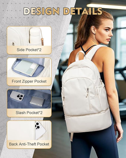 Gym Backpack for Women Men, Lightweight Gym Bag with Shoe Compartment, Waterproof Sports Backpack with Wet Pocket for Yoga Fitness Sports, Beige