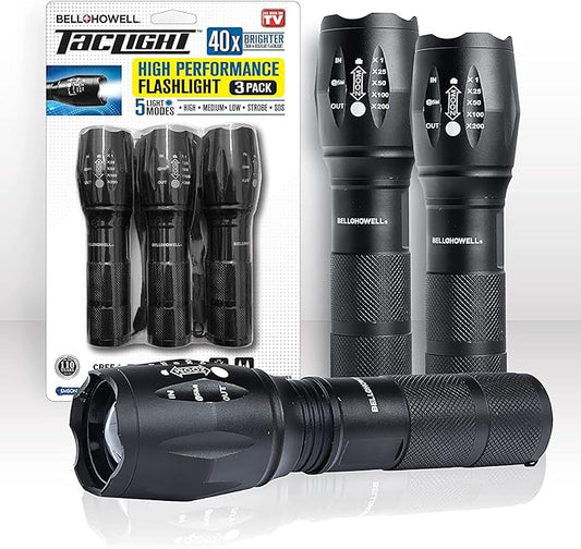 Taclight Flashlight by Bell+Howell High Lumens LED Tactical Flashlight 5 Modes & Zoom Function 40X Brighter Water Proof Handheld Flashlight for Emergency Camping Accessories As Seen On TV Set of 3