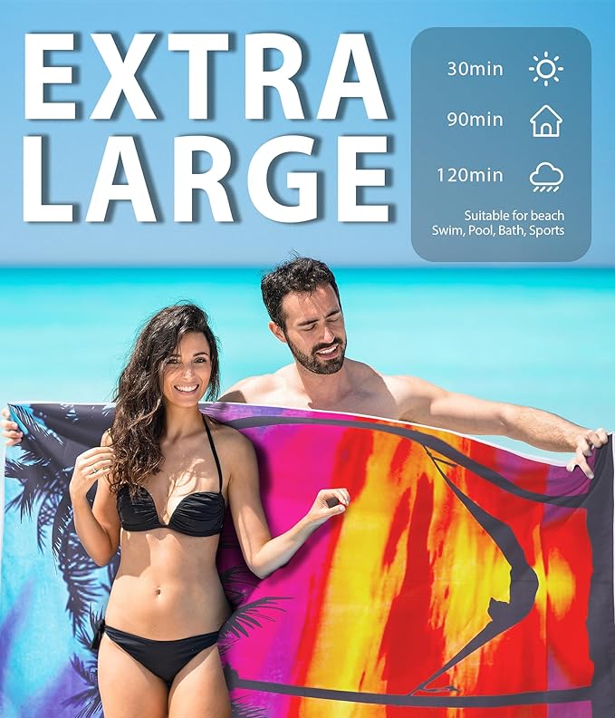 Microfiber Beach Towel – Sea & Sunset Quick Dry Lightweight Sand Free Oversized Large Towel Travel Must Have Swim Pool Yoga Camping Gear Summer Essentials Packable Sandproof Item Gift 71" 32"