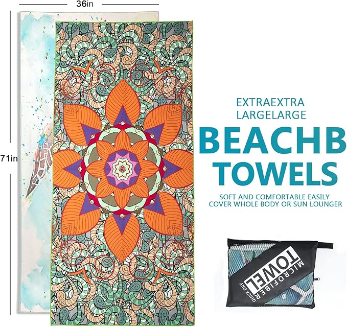 Microfiber Beach Towels 2 Packs, Oversized Quick-Dry Towels for Adults, Lightweight Thin Towels (72" x 36") for Swimming, Beach, Camping