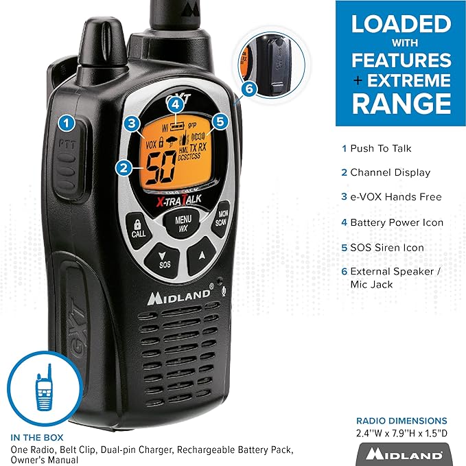 Midland® - GXT1000AZ - 50 Channel GMRS Two-Way Radio - Long Range Walkie Talkie with 142 Privacy Codes, SOS Siren, and NOAA Weather Alerts and Weather Scan (Black/Silver, Single Pack)