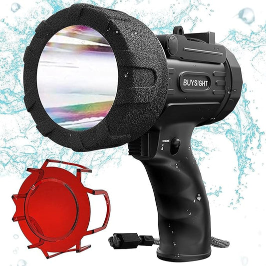 BUYSIGHT Rechargeable Spotlight Flashlight, Hand held Spotlight 200,000 lumens Waterproof Flashlight Hunting Lamp with red Filter(Black)
