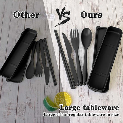 Large Reusable Travel Utensils Set with Case, Plastic Silverware Set for Adults Travel Picnic Camping, Portable Flatware Cutlery Set with Chopsticks for Daily Use(Black)