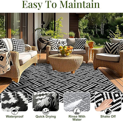 OPPODREAM Outdoor Rug 8x10 Patio Waterproof, Large Outdoor Plastic Straw Rug, Reversible Out Door Carpet for Camping, Deck, Rv, 8 x 10 Area Carpet for Balcony, Porch, Backyard, Black and White