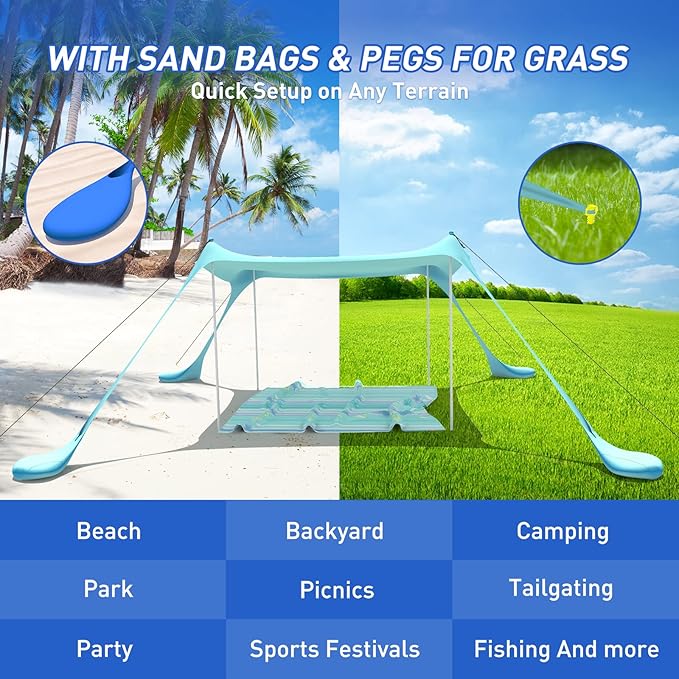 Beach Tent Pop Up Shade Canopy Sun Shelter UPF50+ with 4 Stability Poles/Carry Bag/Ground Pegs/Sand Shovel/Windproof Ropes Portable Outdoor Family Sunshade for Beach Camping (Navy Blue, 7×7FT)