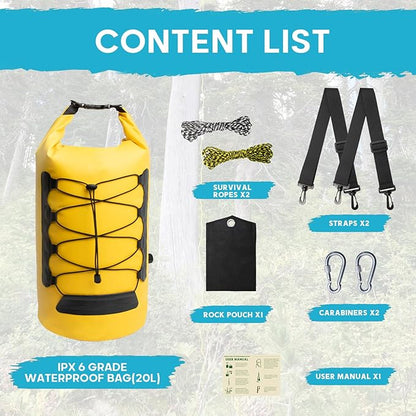 20L Bear Food Bag Hanging System, IPX 6 Grade Waterproof Leakproof Bear Bag Kit for Camping Hiking, Pulley System with Survival Ropes, Clips, Rock Pouch