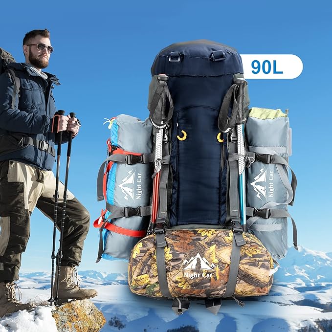Night Cat Camping Backpacks 90L with Internal Frame Hiking Backpack for Men Women Waterproof Lightweight Breathable Outdoor Mountaineering Traveling