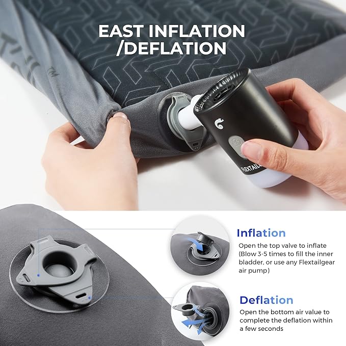 FLEXTAILGEAR Inflatable Camping Pillow Ergonomic Thicken Design, Portable Neck Cervical Travel Pillow Backpacking Gear with Washable Cover for Camping, Hiking, Airplane, Road Trip, Office