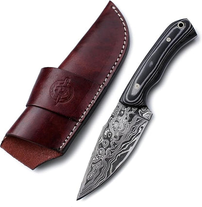 Handmade Damascus Steel Knife Bowie for Hunting,Survival,Camping,Bushcraft,and Fishing Fixed Blade with Drop Point Full Tang Micarta Handle, Leather Sheath - WKD-782