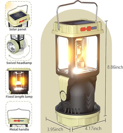 HOMY Electric Lanterns Solar Charging Gray-Green Camping Essentials LED Lights and Rechargeable Flashlight Headlight + Big Lights, 5 Light Mode Brighter Hanging Tent Lights Upgrade