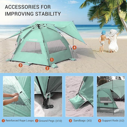 Elegear Beach Tent With 360 Removable Canopy, 4-6 Person Pop Up Sun Shade Shelter, UPF 50+ Automated Installation Double Silver Coating Portable Lightweight Cabana
