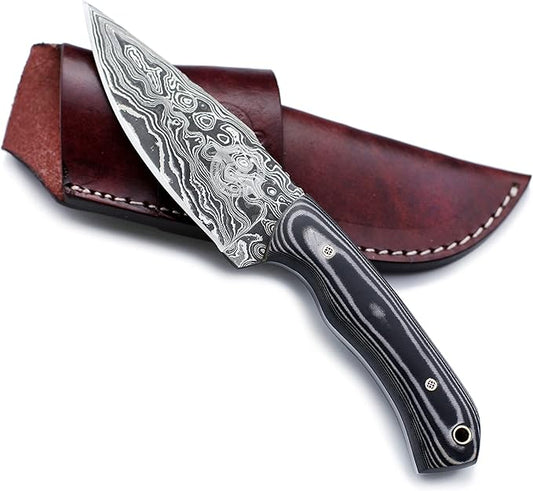 Handmade Damascus Steel Knife Bowie for Hunting,Survival,Camping,Bushcraft,and Fishing Fixed Blade with Drop Point Full Tang Micarta Handle, Leather Sheath - WKD-782