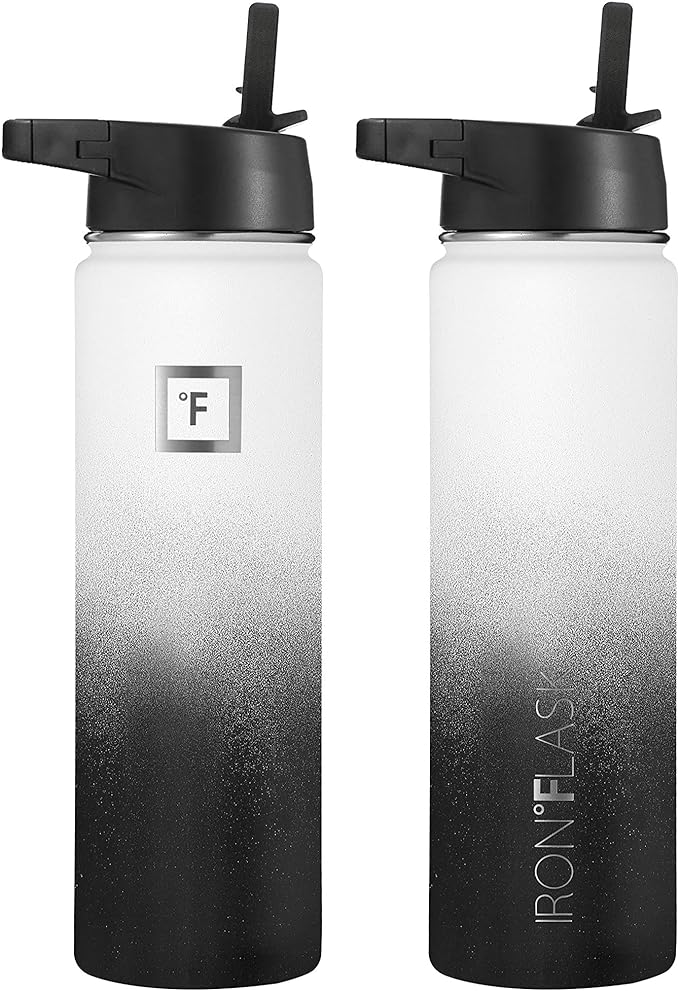 IRON °FLASK Camping & Hiking Hydration Flask, Wide Mouth, 3 Straw Lids, Stainless Steel Outdoor Water Bottle, Double Walled, Insulated Thermos, Metal Canteen - Day & Night, 22 Oz