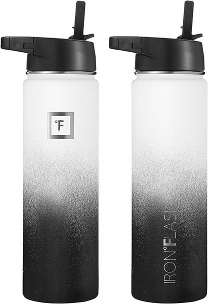 IRON °FLASK Camping & Hiking Hydration Flask, Wide Mouth, 3 Straw Lids, Stainless Steel Outdoor Water Bottle, Double Walled, Insulated Thermos, Metal Canteen - Day & Night, 22 Oz