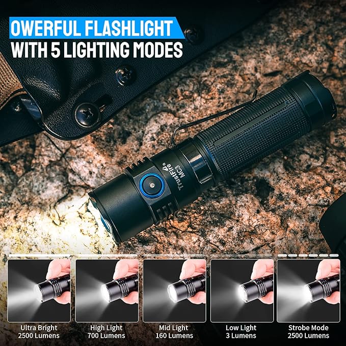TrustFire MC3 Tactical LED Flashlight 2500 Lumens USB Magnetic Charging Torch Rechargeable Flashlights IP68 Waterproof EDC Flashlight Work Flashlight with Memory Strobe Mode, for Gift Giving