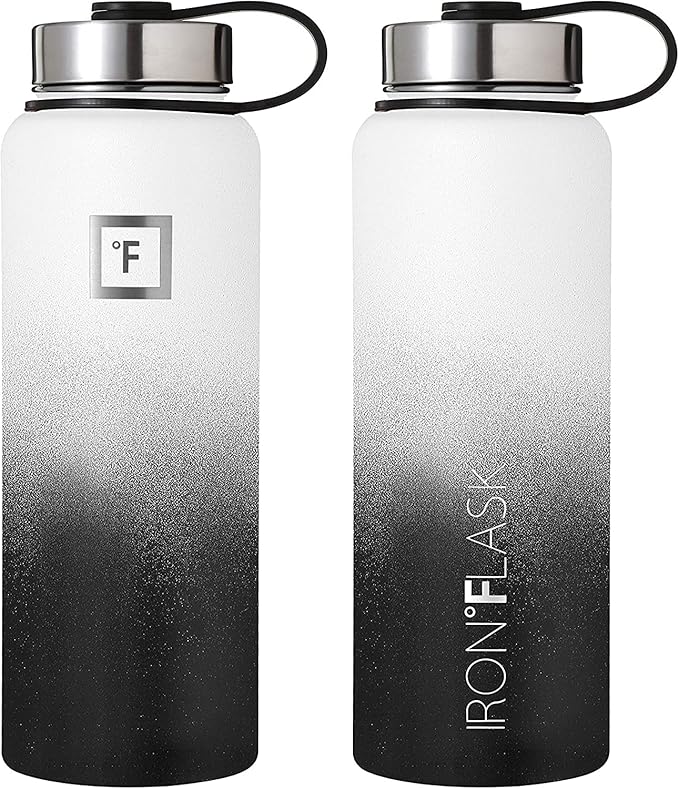 IRON °FLASK Camping & Hiking Hydration Flask, Wide Mouth, 3 Straw Lids, Stainless Steel Outdoor Water Bottle, Double Walled, Insulated Thermos, Metal Canteen - Day & Night, 40 Oz