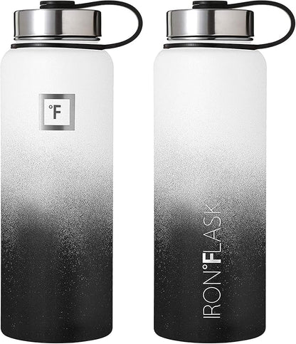 IRON °FLASK Camping & Hiking Hydration Flask, Wide Mouth, 3 Straw Lids, Stainless Steel Outdoor Water Bottle, Double Walled, Insulated Thermos, Metal Canteen - Day & Night, 40 Oz