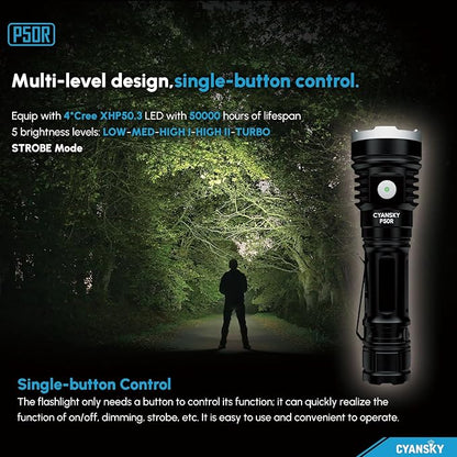 CYASNKY P50R Rechargeable Flashlights,12000 Lumens,Flashlights High Lumens for Outdoor,Super Bright Flashlight,EDC IP68 Waterproof Flash Light for Hunting,Searching,Rescue,Camping and Emergency