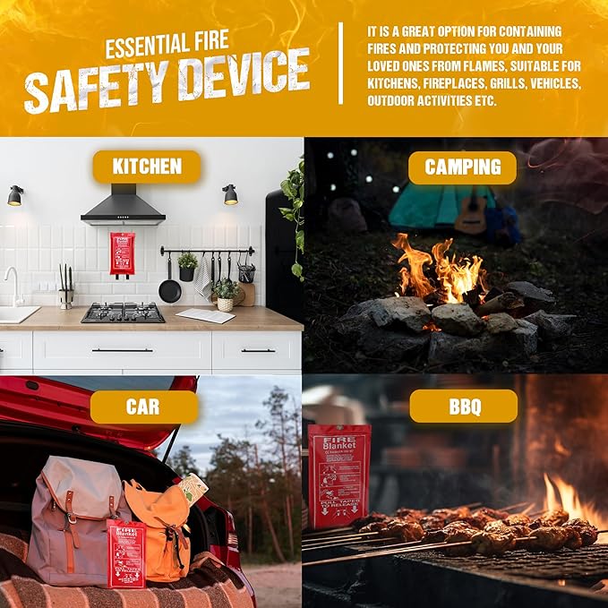 Fire Blanket, 2 Pack- 47”x 47” Fire Extinguisher Blankets for Home & Kitchen, High Heat Resistant Fire Suppression Blankets for Home Safety, Grill, Car, Office, Warehouse, and Camping