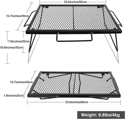 Folding Campfire Grill Grate, Portable Heavy Duty Steel Over Fire Camp Grill for Outdoor Camping Cooking Fire Pit, Black with 2 Heights