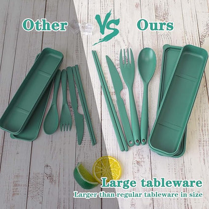 Large Reusable Travel Utensils Set with Case, Plastic Silverware Set for Adults Travel Picnic Camping, Portable Flatware Cutlery Set with Chopsticks for Daily Use(Dark Green)
