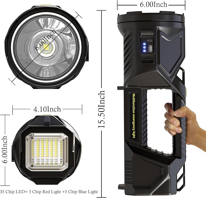 Solar Flashlight,1800 Lumens 6 Modes LED Spotlight Flashlight with Solar Panel, Rechargeable Portable LED Searchlight for Outdoor Hunting Fishing Camping Emergency