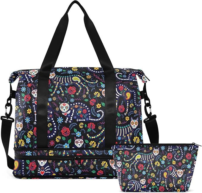 Skull Weekender Bag for Women, Cat Skull with Flowers Gym Sports Duffle Travel Tote with Toiletry Shoes Compartment Dry/Wet Separation Swim Bag