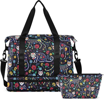 Skull Weekender Bag for Women, Cat Skull with Flowers Gym Sports Duffle Travel Tote with Toiletry Shoes Compartment Dry/Wet Separation Swim Bag