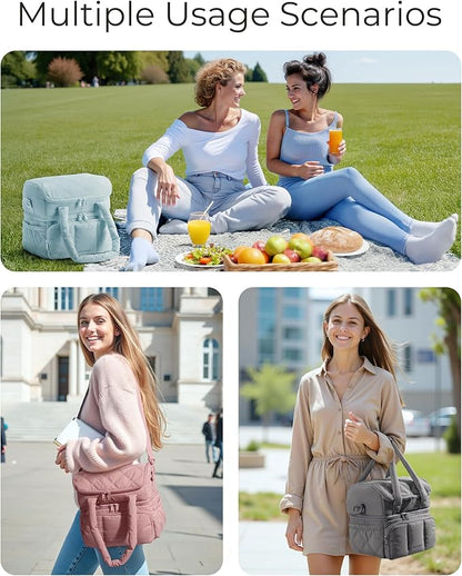 BAGSMART Lunch Bag Women, Double Deck Insulated Lunch Box, Quilted Puffer Lunch Tote, Leakproof, Durable & Reusable Large Lunch Cooler For Work Picnic Travel Meal Prep, Beige