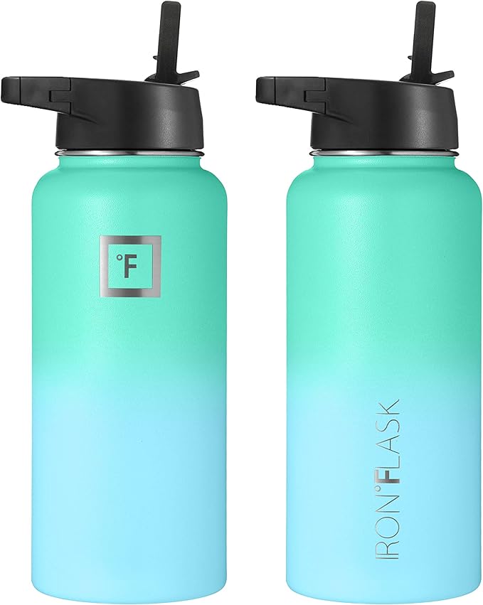 IRON °FLASK Camping & Hiking Hydration Flask, Wide Mouth, 3 Straw Lids, Stainless Steel Outdoor Water Bottle, Double Walled, Insulated Thermos, Metal Canteen - Sky, 32 Oz