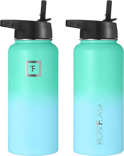 IRON °FLASK Camping & Hiking Hydration Flask, Wide Mouth, 3 Straw Lids, Stainless Steel Outdoor Water Bottle, Double Walled, Insulated Thermos, Metal Canteen - Sky, 32 Oz