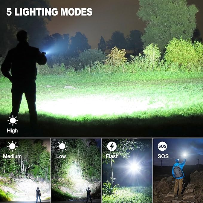 Rechargeable Flashlights High Lumens, 990,000 Lumens Brightest Flashlight, 5 Modes Super Bright Led Flashlight, 12H Running time, Handheld Flashlights for Home/Camping, Flash Light IPX6 Waterproof