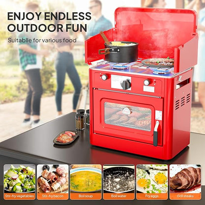 ROVSUN 2-in-1 Portable Camping Stove & Propane Oven with Piezo Igniter, 2 Burner Stove & Outdoor Oven with Adjustable Fire, Thermometer, Wind Panel & Regulator for Traveling, Tailgating (Red)