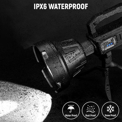 Rechargeable Spotlight, Handheld Super Bright Flashlight 1000000 High Lumens with Foldable Tripod,6 Modes and 4 Colors, Waterproof IPX6 Searchlight for Camping Fishing Hunting, USB Output