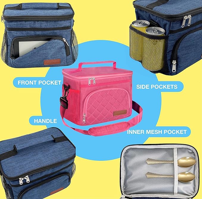 ExtraCharm Insulated Lunch Bag for Women/Men - Reusable Lunch Box for Office Picnic Hiking Beach - Leakproof Cooler Tote Bag Organizer with Adjustable Shoulder Strap for Adults-Pink