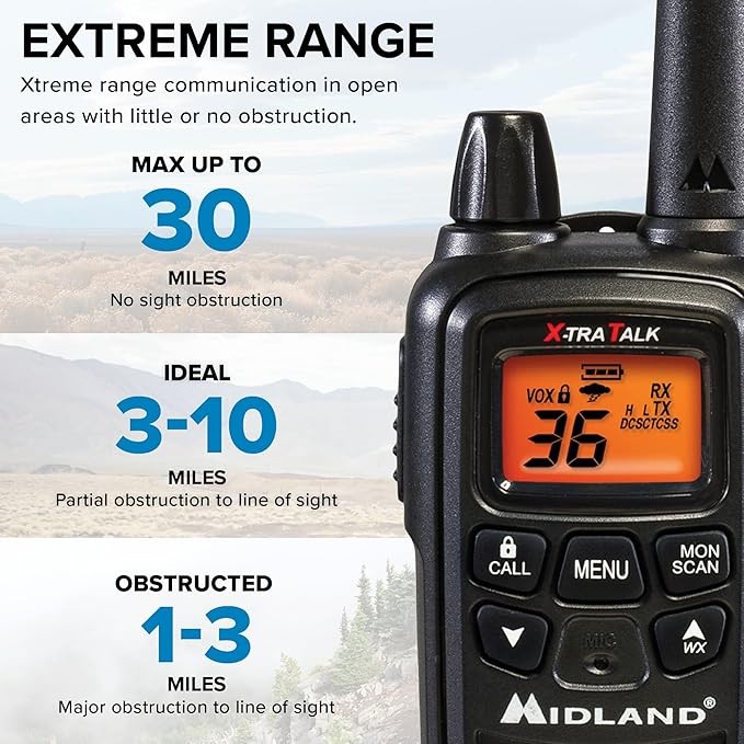 Midland® - LXT633VP3 Walkie Talkies with 36 FRS Channels – Two-Way Radio NOAA Weather Alert & Scan Technology, Dual Power Options, 121 Privacy Codes, Silent Operation, Xtreme Range – Black, Set of 3