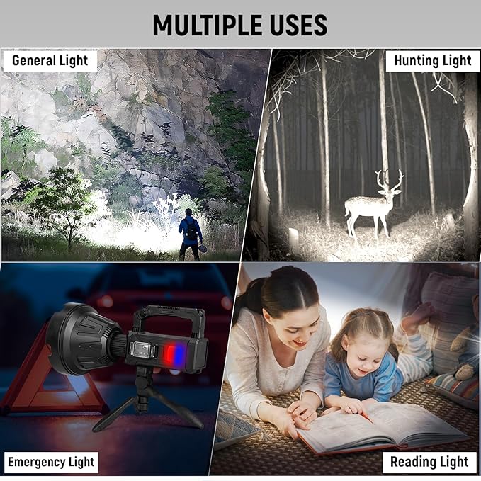 Rechargeable Spotlight, Handheld Super Bright Flashlight 1000000 High Lumens with Foldable Tripod,6 Modes and 4 Colors, Waterproof IPX6 Searchlight for Camping Fishing Hunting, USB Output