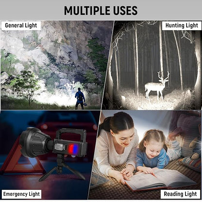 Rechargeable Spotlight, Handheld Super Bright Flashlight 1000000 High Lumens with Foldable Tripod,6 Modes and 4 Colors, Waterproof IPX6 Searchlight for Camping Fishing Hunting, USB Output