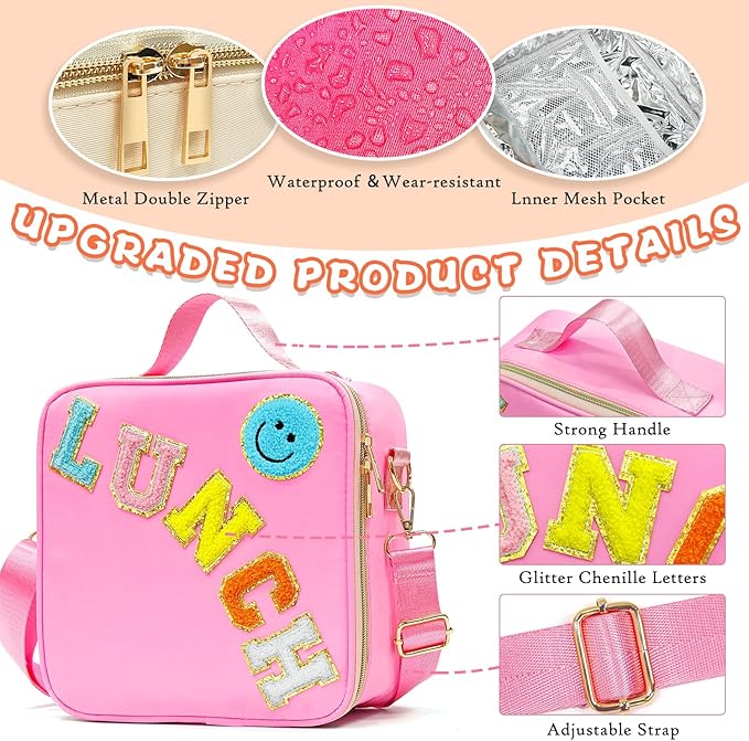 Insulated Lunch Bag Women Lunch Box Kids for Teen Girls Boys, Cute Preppy Lunch Boxes With Adjustable Shoulder Strap, Waterproof Nylon Lunchbox Lunch Bags for School Work Picnic (Pink)