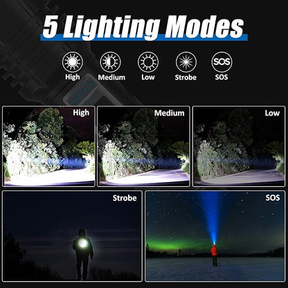 Rechargeable LED Flashlights high lumens,100000 Lumens Super Bright Tactical Flashlights,Waterproof Handheld Flashlight with 5 Mode,Built-in Battery,Zoomable for Emergencies Camping